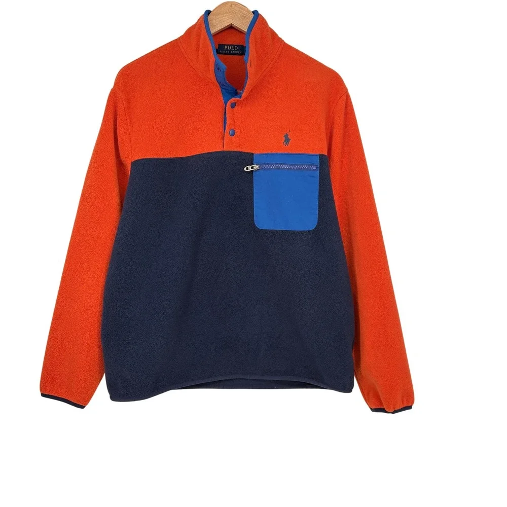 Polo Ralph‎ Lauren Fleece Pullover Jacket Orange Blue Colorblock Mens